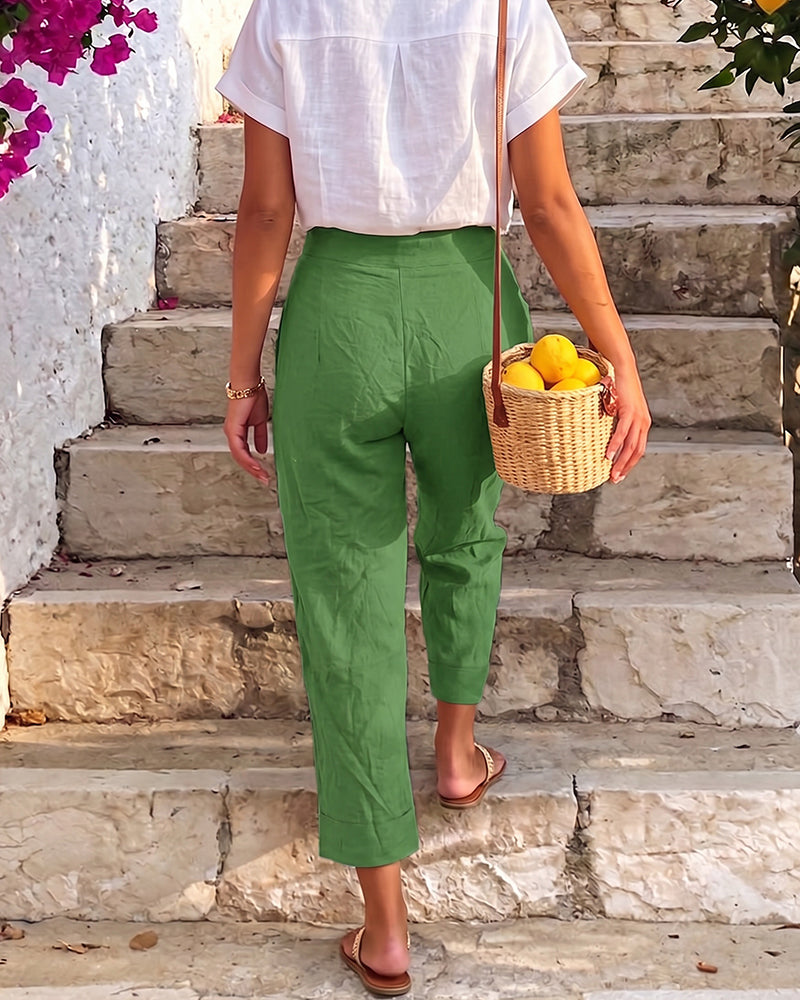 Casual Linen-Look High Waisted Trousers