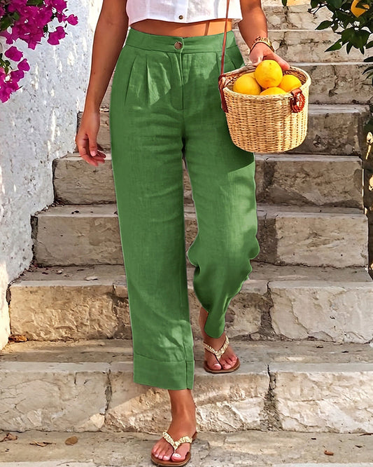 Casual Linen-Look High Waisted Trousers