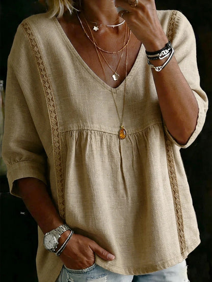 Women's V Neck Lace Trim Babydoll Blouse
