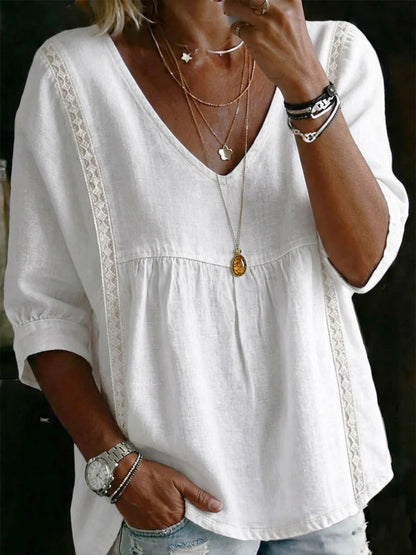 Women's V Neck Lace Trim Babydoll Blouse