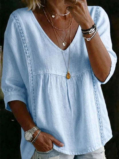 Women's V Neck Lace Trim Babydoll Blouse