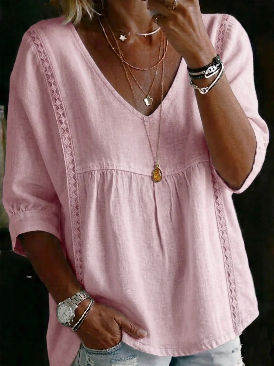 Women's V Neck Lace Trim Babydoll Blouse