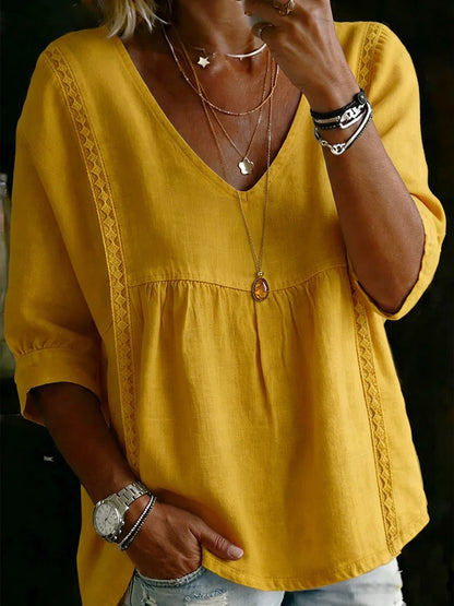 Women's V Neck Lace Trim Babydoll Blouse