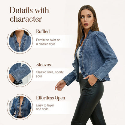 Women's Ruffle Trim Open-Front Denim Jacket – Lightweight, feminine & versatile – chic for any outfit