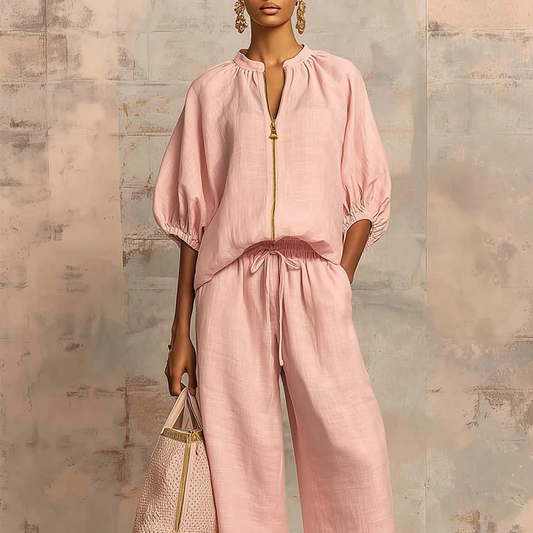 Women's Solid 2-Piece Tracksuit Set with Puff Sleeves & Wide-Leg Pants